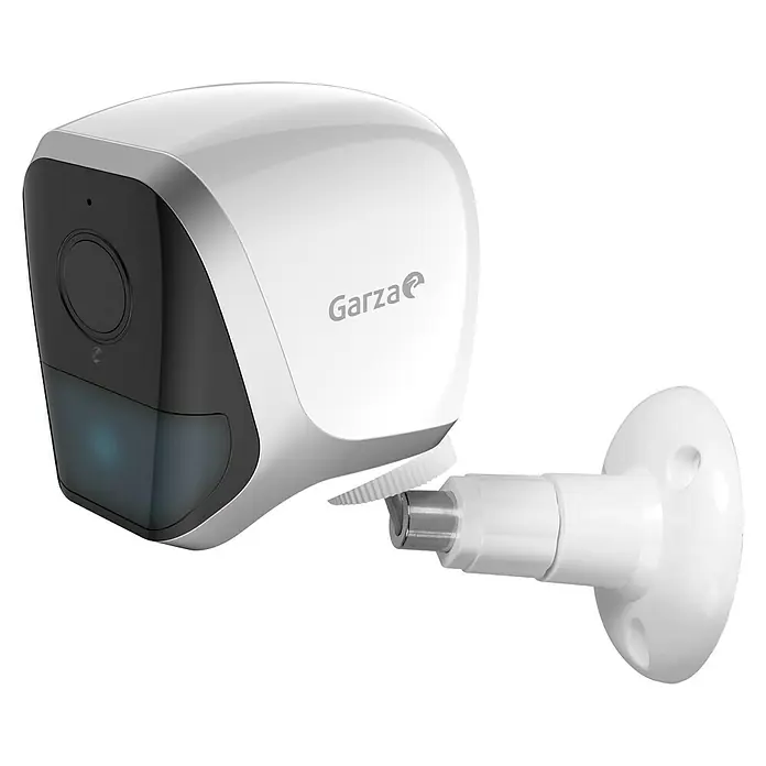 Garza Cámara de vigilancia con panel solar - Blanco, Ángulo de detección: 120 °, Alcance de detección: 10 m - Una cámara de seguridad inalámbrica Garza con soporte, diseñada para uso interior y exterior, que proporciona vigilancia fiable.