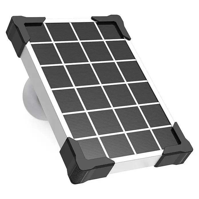 Garza Cámara de vigilancia con panel solar - Blanco, Ángulo de detección: 120 °, Alcance de detección: 10 m - Primer plano de un panel solar con un patrón de celdas negras, enmarcado en blanco con refuerzos de esquina grises.