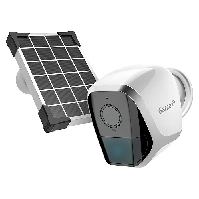 Garza Cámara de vigilancia con panel solar - Blanco, Ángulo de detección: 120 °, Alcance de detección: 10 m - Cámara de seguridad inteligente Garza con panel solar para uso exterior, ideal para la seguridad del hogar.