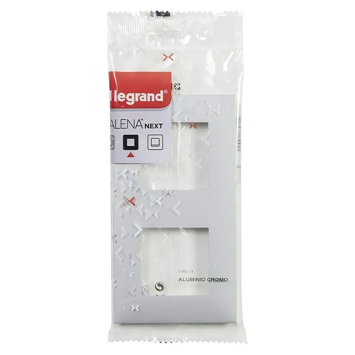 Legrand Valena Next Marco - Aluminio/Cromo, Modelo de mecanismos: x 2, Plástico, Instalar - Marco doble Legrand Alena Next cromo de aluminio empaquetado para interruptores de luz y enchufes, un elegante complemento para cualquier habitación.