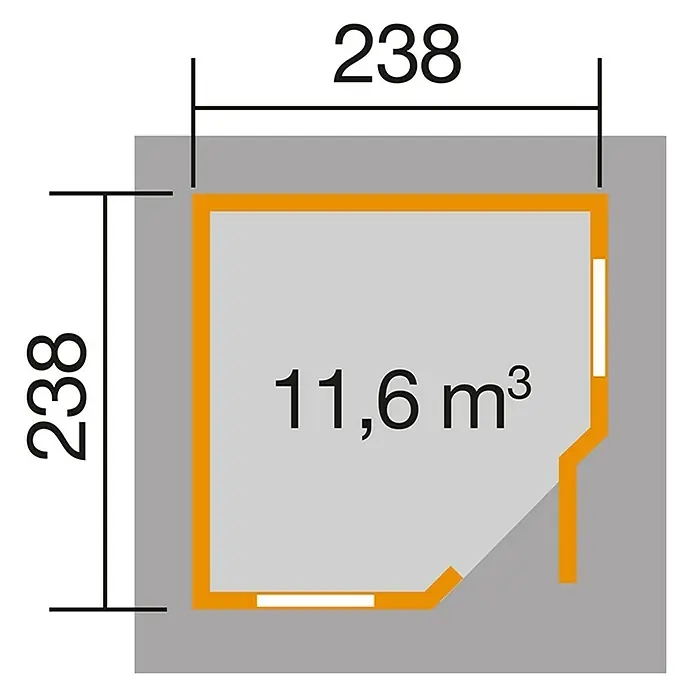 Weka Gartenhaus 149 - Außenmaß inkl. Dachüberstand (B x T): 318 x 319 cm, Holz, Natur, 5,664 m² - Grundriss des Gartenhauses mit den Maßen 238 x 238 cm und einem Volumen von 11,6 m³. Ideal für kleine Gärten und als Stauraum.