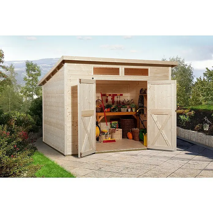 Weka Gerätehaus 325 A - 4,95 m², Wandstärke: 19 mm, Unbehandelt - Ein geräumiges Holzgartenhaus mit Doppeltüren und Fenstern, das Platz für Gartengeräte und -zubehör bietet.