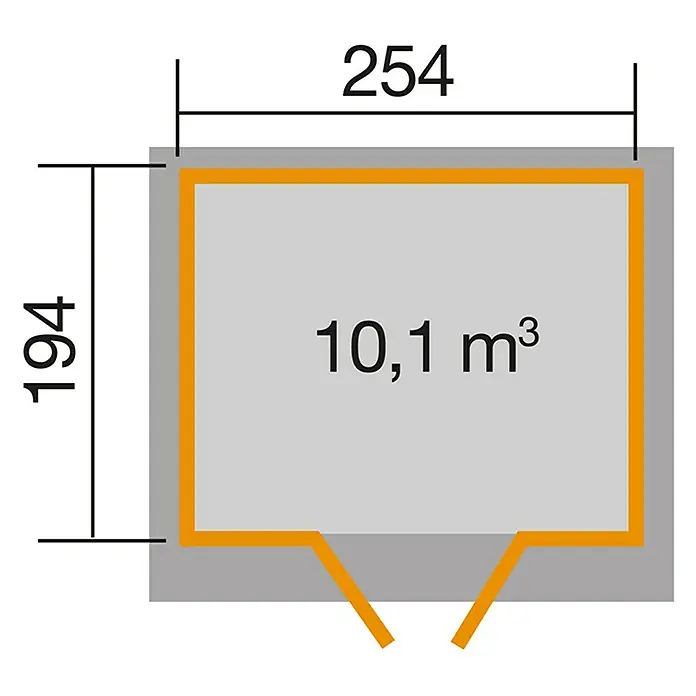 Weka Gerätehaus 325 A - 4,95 m², Wandstärke: 19 mm, Unbehandelt - Grundriss eines Gebäudes mit den Maßen 254 x 194 und einem Volumen von 10,1 m³.