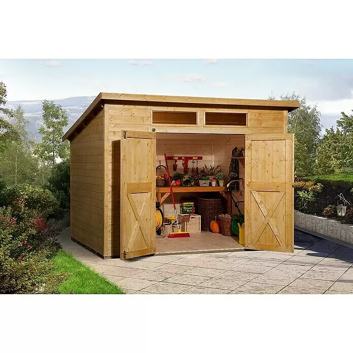 Weka Gerätehaus 325 A - 4,95 m², Wandstärke: 19 mm, Lasiert - Stimmungsaufnahme