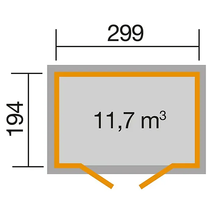 Weka Gartenhaus 321 - Außenmaß inkl. Dachüberstand (B x T): 323 x 237 cm, Holz, Natur, 5,801 m² - Grundrisszeichnung eines rechteckigen Gebäudes mit den Maßen 299 x 194 und einem Volumen von 11,7 m³.