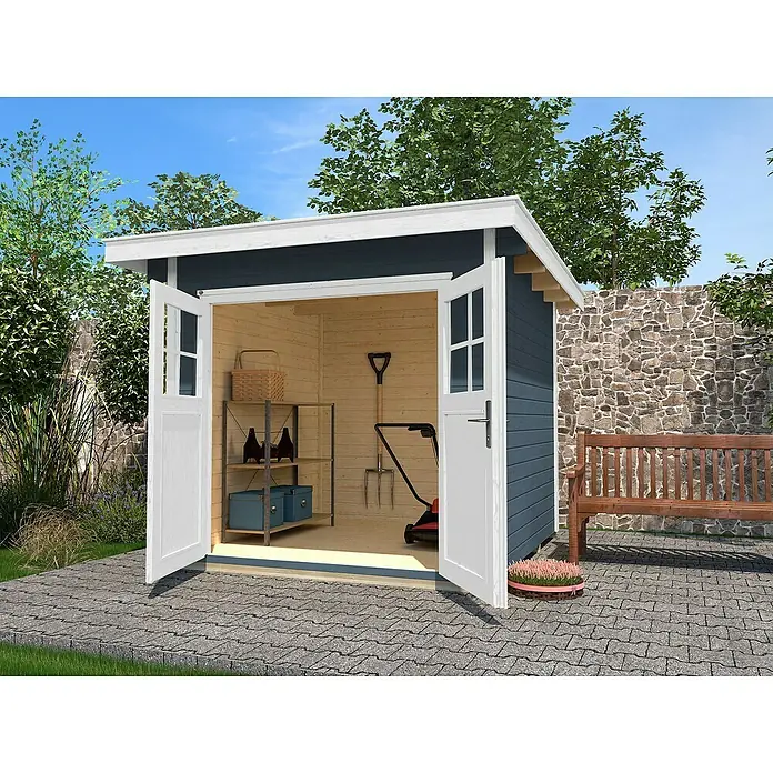 Weka Gartenhaus 179 - Außenmaß inkl. Dachüberstand (B x T): 356 x 375 cm, Holz, Grau/Weiß - Ein blaues Gartenhaus mit geöffneten weißen Türen, das Werkzeuge und Regale zeigt, steht auf einer gepflasterten Fläche.