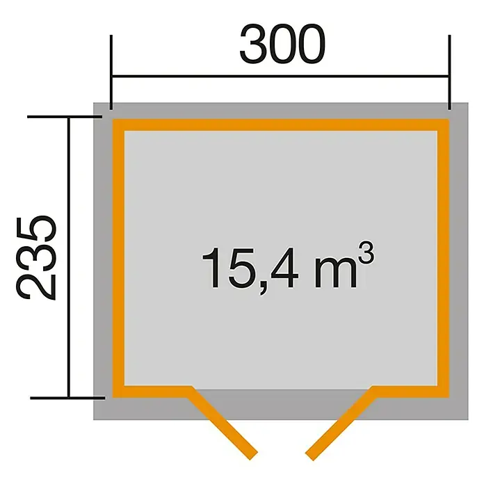 Weka Gartenhaus 122 - Holz, Grau/Weiß, Grundfläche: 7,074 m² - Grundriss eines Gebäudes mit den Maßen 300 x 235 und einem Volumen von 15,4 m³. Übersichtliche Darstellung des Raumlayouts.