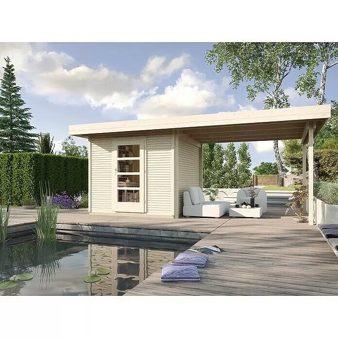 Weka wekaLine Gartenhaus Designhaus 172 + Anbau 300 cm - Außenmaß inkl. Dachüberstand (B x T): 634 x 377 cm, Holz, Natur - Stimmungsaufnahme