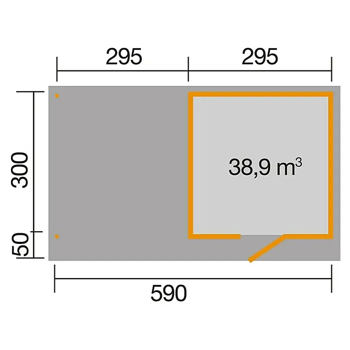 Weka wekaLine Gartenhaus Designhaus 172 + Anbau 300 cm - Außenmaß inkl. Dachüberstand (B x T): 634 x 377 cm, Holz, Natur - Grundriss des Hauses mit den Maßen 295 x 295, 300 x 50 und einer Gesamtfläche von 590 m.