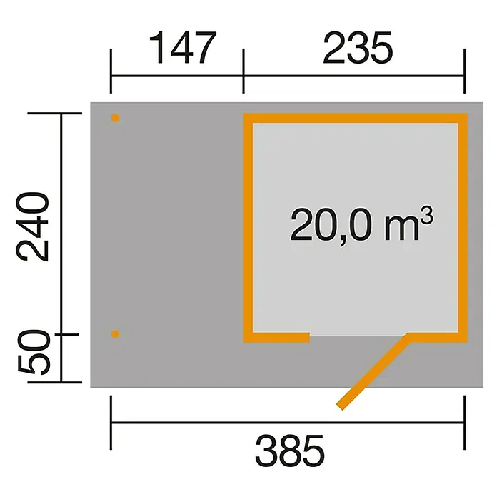 Weka wekaLine Gartenhaus Designhaus 172 + Anbau 150 cm - Außenmaß inkl. Dachüberstand (B x T): 424 x 316 cm, Holz, Anthrazit/Weiß, 9,278 m² - Grundrisszeichnung eines Hauses mit Maßen, die eine Fläche von 20,0 m³ zeigen.