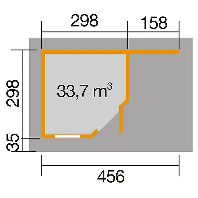 Weka Gartenhaus Designhaus 213 A+ - Außenmaß inkl. Dachüberstand (B x T): 500 x 339 cm, Holz, Schwedenrot/Weiß, 13,039 m² - Grundriss eines Raumes mit Maßangaben. Der Raum hat eine Fläche von 33,7 m³ und die Maße sind in Millimetern angegeben.