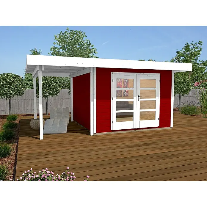 Weka Gartenhaus Designhaus 126 A + Anbau 175 cm - Außenmaß inkl. Dachüberstand (B x T): 500 x 316 cm, Holz, Schwedenrot/Weiß - Gartenhaus mit Veranda und Doppeltür. Das Haus ist rot mit weißen Akzenten und steht auf einer Holzterrasse. Ideal für Entspannung im Freien.