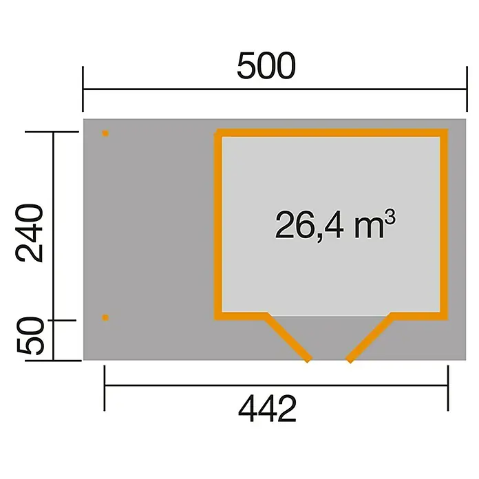 Weka Gartenhaus Designhaus 126 A+ - Außenmaß inkl. Dachüberstand (B x T): 500 x 316 cm, Holz, Schwedenrot/Weiß, 10,652 m² - Draufsicht des Produktgrundrisses, die Abmessungen von 500 x 240 mm und eine Innenfläche von 26,4 m³ zeigt.