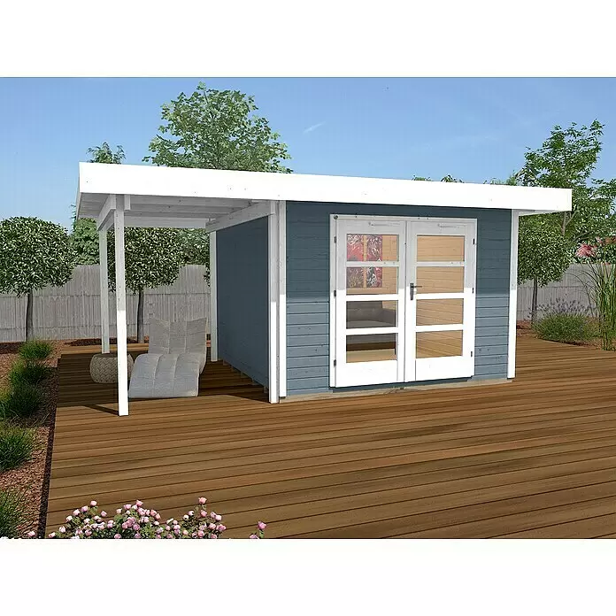 Weka Gartenhaus Designhaus 126 A+ - Außenmaß inkl. Dachüberstand (B x T): 500 x 316 cm, Holz, Grau/Weiß, 10,652 m² - Blaues Gartenhaus mit weißer Zierleiste und doppelten Glastüren, integriert in eine weiße Holzpergola über einer braunen Terrasse.