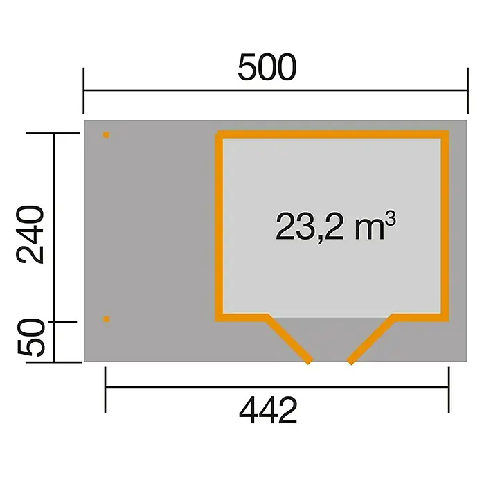 Weka Gartenhaus Designhaus 126 A + Anbau 175 cm - Außenmaß inkl. Dachüberstand (B x T): 500 x 316 cm, Holz, Natur - Grundrisszeichnung des Gartenhauses mit den Maßen 500 x 240 cm und einem Rauminhalt von 23,2 m³. Das Gartenhaus ist in orangefarbenen Linien dargestellt.
