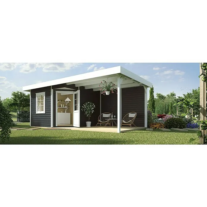Weka Gartenhaus Designhaus 213 B+ - Außenmaß inkl. Dachüberstand (B x T): 645 x 339 cm, Holz, Anthrazit/Weiß, 17,671 m² - Das moderne Gartenhaus mit überdachter Terrasse lädt zum Verweilen ein. Die dunkle Holzverkleidung und weißen Akzente setzen stilvolle Kontraste.