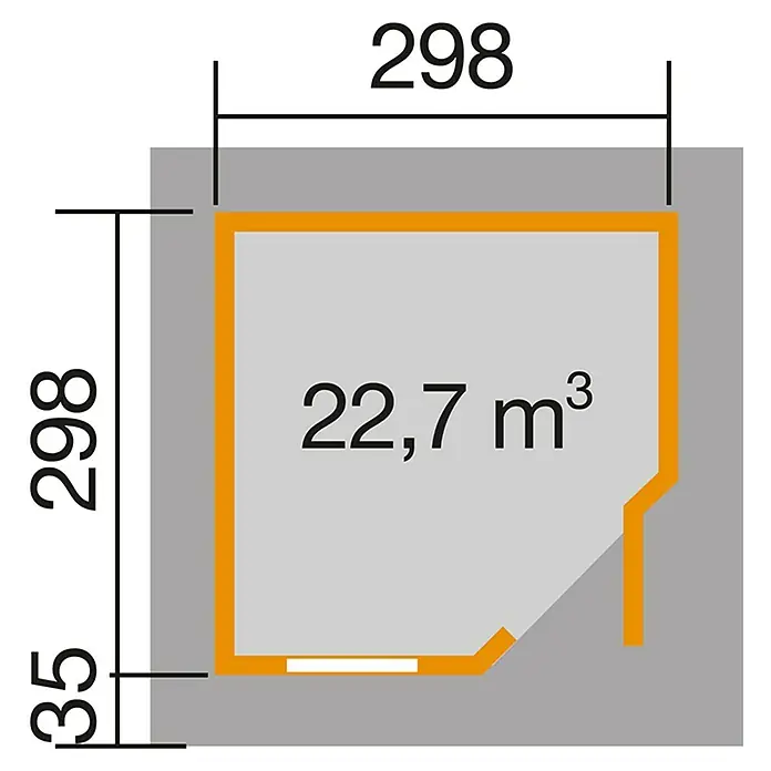 Weka Gartenhaus Designhaus 213+ - Außenmaß inkl. Dachüberstand (B x T): 338 x 338 cm, Holz, Grau/Weiß, 8,88 m² - Grundriss mit Maßen von 298 x 298 cm und einem Volumen von 22,7 m³.