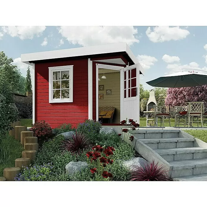 Weka Gartenhaus Designhaus 213+ - Außenmaß inkl. Dachüberstand (B x T): 338 x 338 cm, Holz, Schwedenrot/Weiß, 8,88 m² - Stimmungsaufnahme