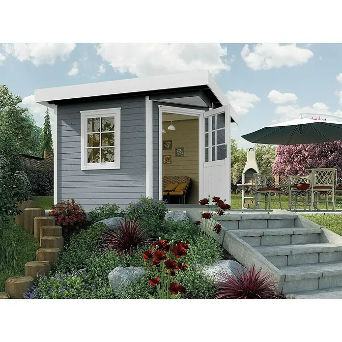 Weka Gartenhaus Designhaus 213+ - Außenmaß inkl. Dachüberstand (B x T): 338 x 338 cm, Holz, Grau/Weiß, 8,88 m² - Geräumiges Gartenhaus mit einladender Doppeltür und Fenster, umgeben von üppiger Vegetation und einem stilvollen Sitzbereich im Freien.