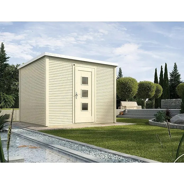 Weka wekaLine Gartenhaus Designhaus 413 - Außenmaß inkl. Dachüberstand (B x T): 260 x 260 cm, Holz, Natur, 6,25 m² - Ein modernes Gartenhaus mit Flachdach und einer Tür mit drei Fenstern fügt sich perfekt in die grüne Umgebung ein.