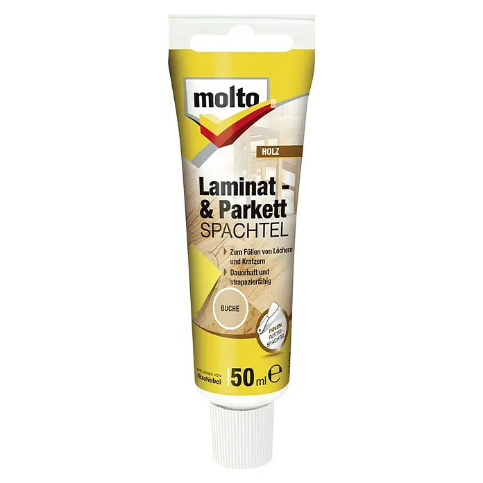 Molto Holzspachtel Laminat & Parkett - Buche, 50 ml - Abbildung einer Tube Molto Laminat & Parkett Spachtel, ideal zum Ausbessern von Holzböden und Möbeln.
