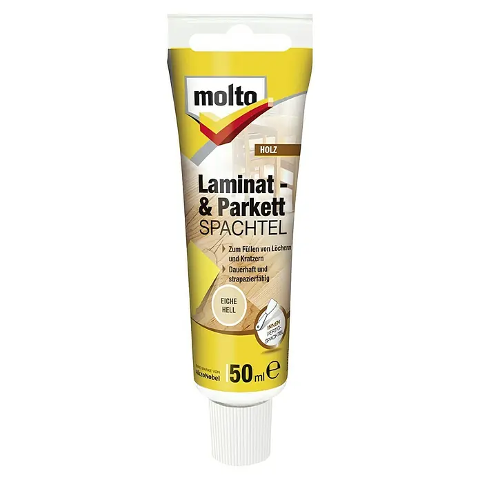 Molto Holzspachtel Laminat & Parkett - Eiche Hell, 50 ml - Tube Molto Laminat- & Parkett Spachtel, Eiche hell, 50ml. Ideal zum Ausbessern von Laminat- und Parkettböden, für dauerhafte und strapazierfähige Reparaturen.