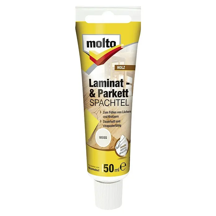 Molto Holzspachtel Laminat & Parkett - Weiß, 50 ml - Ein Tube Molto Laminat & Parkett Spachtel in Weiß, ideal zur Ausbesserung von Laminat- und Parkettböden, Füllmenge 50 ml.