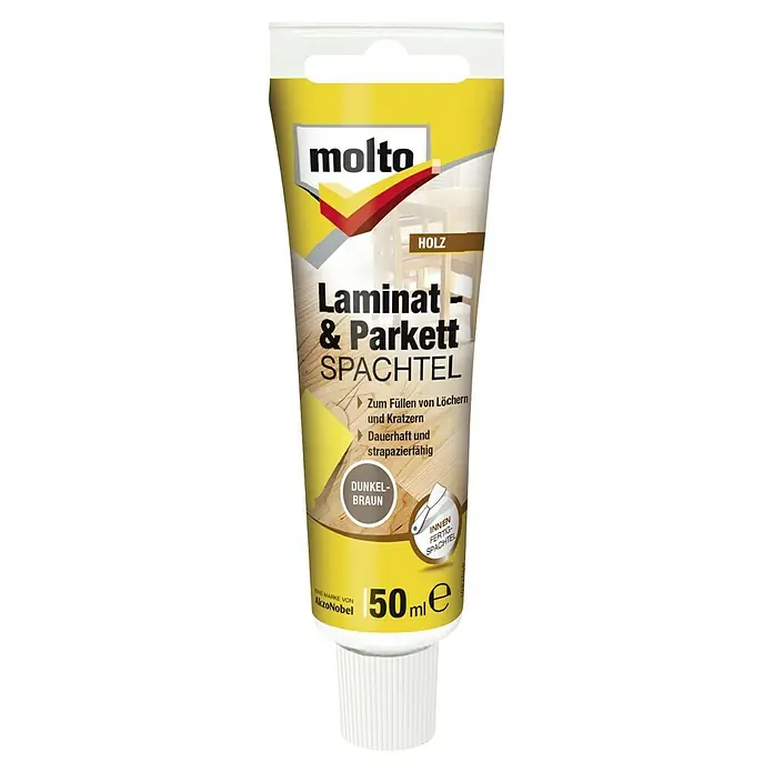 Molto Holzspachtel Laminat & Parkett - Dunkelbraun, 50 ml - Produktabbildung von Molto Laminat & Parkett Spachtel, 50 ml Tube, zur Reparatur von Holzböden, Farbe Dunkelbraun.