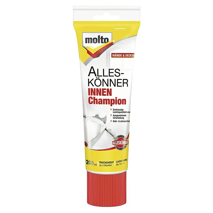 Molto Leichtspachtel Alleskönner Innen Champion - 200 ml - Produktbild von Molto Alles-Könner Innen Champion, eine vielseitige Spachtelmasse für Wände und Decken, ideal für schnelle Reparaturen im Innenbereich.