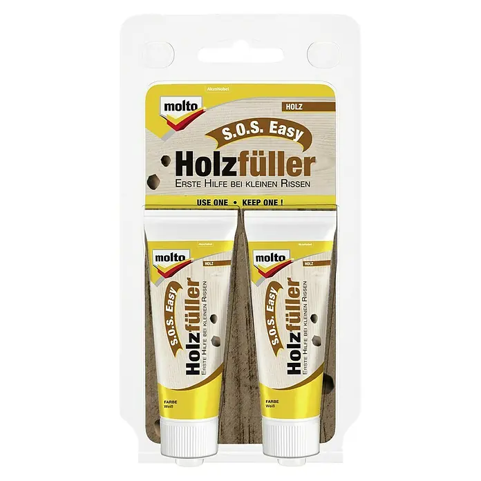 Molto Holzfüller S.O.S Easy - 40 ml - Molto S.O.S. Easy Holzfüller: Zwei Tuben Holzfüller zur einfachen Reparatur kleiner Risse und Beschädigungen im Holz, Farbe Weiß.