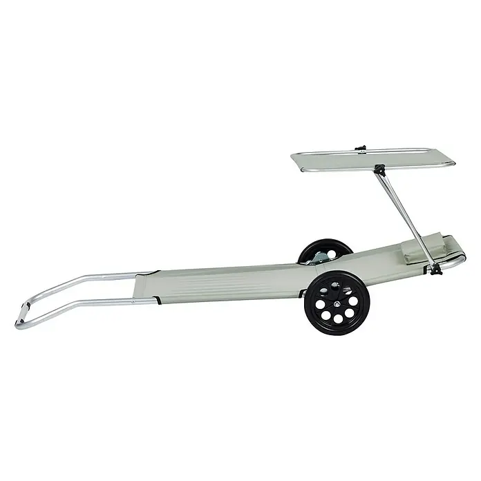Campingliege - Desert Sage, Polyester, Rollbar - Ein grauer Gepäckwagen mit Rädern und einem Sonnenschutzdach, ideal für den Transport von Gegenständen im Freien.