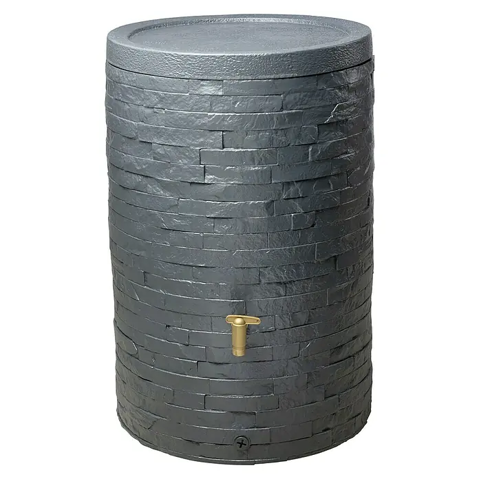 4rain Regenspeicher Arondo - 250 l, Graphit - Regentonne mit Steinstruktur und goldenem Wasserhahn, ideal zur Gartenbewässerung. Praktisch und dekorativ zugleich.