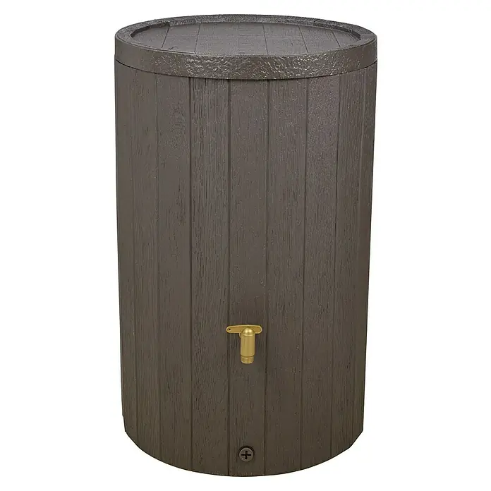 4rain Regenspeicher Madera - 220 l, Dunkelbraun - Ein grauer Regenfass mit einem Messinghahn zur Wassergewinnung, ideal für den Garten.