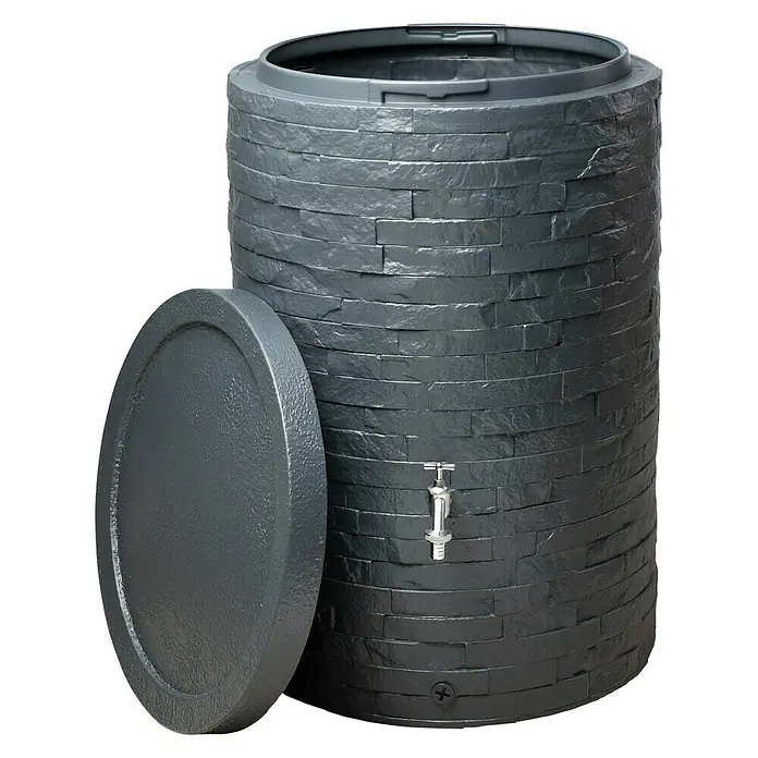 Garantia Classic Line Regenspeicher Muro - 420 l, Graphit - Graue Regentonne mit Steindekor und einem abnehmbaren Deckel, ideal zum Sammeln von Regenwasser für den Garten.