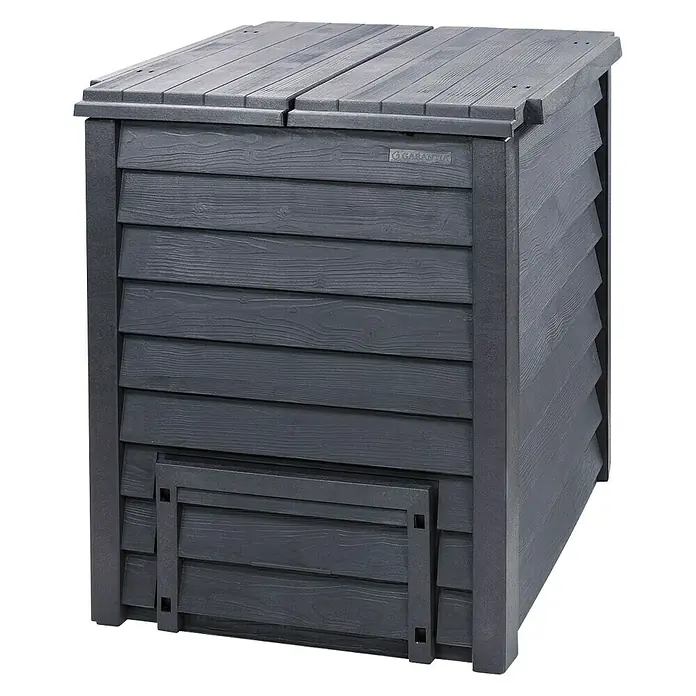 Garantia Komposter Thermo-Wood - 400 l, 72 x 72 x 90 cm, Ohne Bodengitter - Grauer Komposter aus Kunststoff mit Lattenmuster und Deckel zum einfachen Kompostieren von Gartenabfällen.