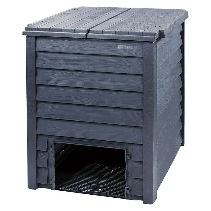 Garantia Komposter Thermo-Wood - 400 l, 72 x 72 x 90 cm, Mit Bodengitter - Grauer Komposter aus Kunststoff mit Holzstruktur und Gitterboden für den Garten. Praktische und robuste Kompostlösung.