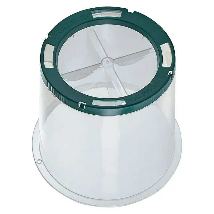 Garantia Pflanzglocke SUNNY - Höhe: 30 cm, Kunststoff - Ein transparentes Regenwasserfilter-Produkt mit einem grünen Ring am oberen Rand, der "Garantia" aufgedruckt hat.