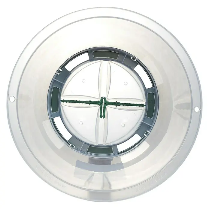Garantia Pflanzglocke SUNNY - Höhe: 30 cm, Kunststoff - Eine Nahaufnahme einer transparenten Blumenscheibe mit einer grünen Halterung in der Mitte für Blumenarrangements.