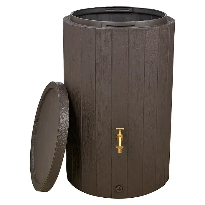 Garantia Regenspeicher Timber - 230 l, Dunkelbraun - Regentonne in Holzoptik mit Messinghahn und abnehmbarem Deckel zur Gartenbewässerung mit gesammeltem Regenwasser.