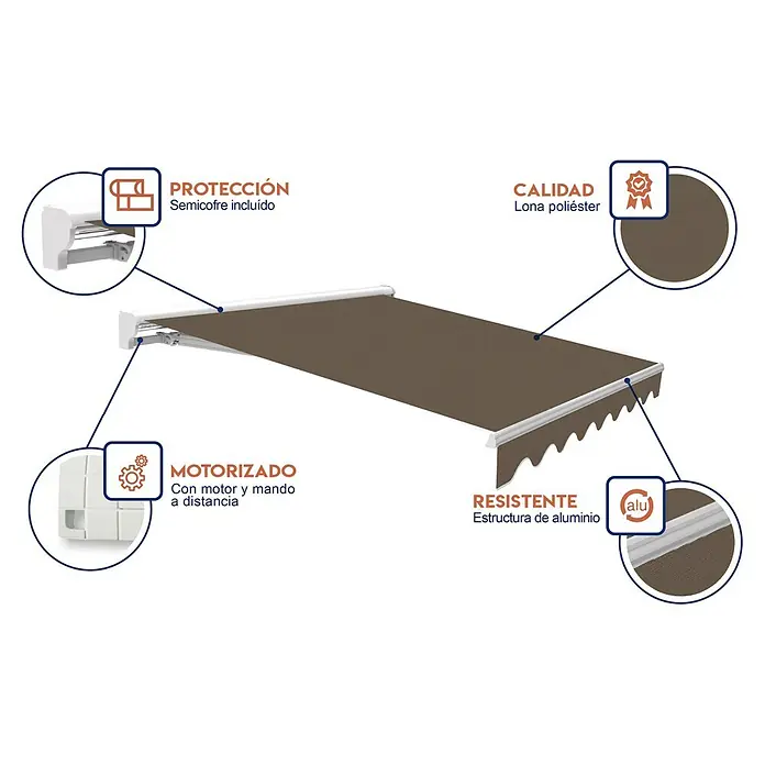 SmartSun Toldo con motor Vivant Habana - Marrón, Ancho: 4 m, Caída: 3 m - Un toldo de brazo articulado marrón con semicassette protector, lona de poliéster de gran calidad, motorizado y estructura de aluminio resistente.