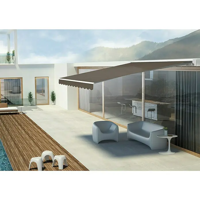 SmartSun Toldo con motor Vivant Habana - Marrón, Ancho: 4 m, Caída: 3 m - Una casa moderna con un toldo retráctil para dar sombra. El toldo es gris y tiene un diseño festoneado.