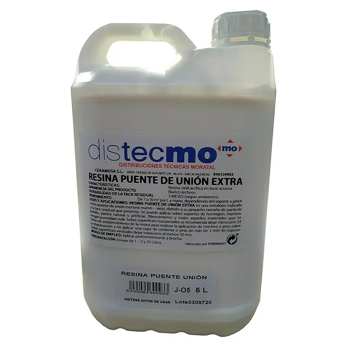 BHS Valencia Imprimación de adherencia Resina puente de unión - 5 l - Imagen de un envase de 5 litros de Distecmo Resina Puente Unión Extra, una imprimación de resina vinil-acrílica para diversas superficies.