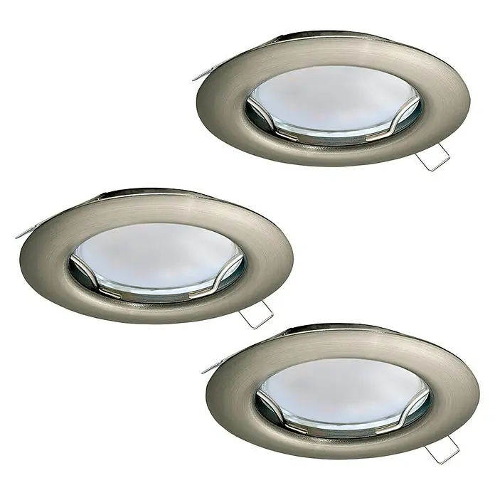 Eglo LED-Einbauleuchten-Set - 9 W, Nickel matt, 3 Stk., Warmweiß, IP20 - Nahaufnahme von drei LED-Einbaustrahlern mit gebürsteter Metalloptik und klarem, hellem Licht, ideal für moderne Wohnräume.