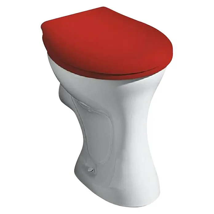 Geberit Kind Stand-WC - Mit Spülrand, Mit schmutzabweisender Glasur, Spülform: Flach, WC Abgang: Waagerecht, Weiß - Moderne Toilette mit rotem Sitz. Das schlanke Design und die leuchtende Farbe machen sie zu einem Blickfang im Badezimmer.