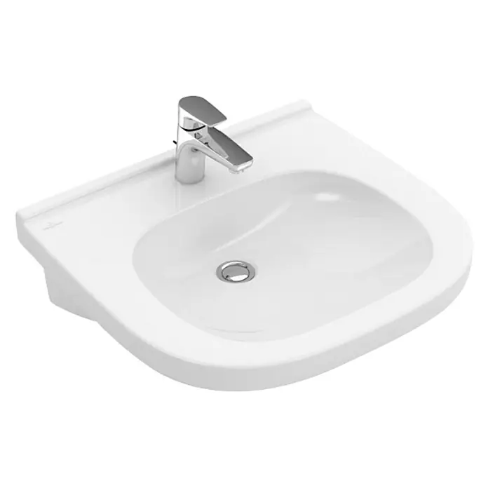 Villeroy & Boch ViCare Waschtisch - 60 x 55 cm, Mit schmutzabweisender Glasur, Hahnloch: Mitte, Ohne Überlauf, Weiß - Ein Waschbecken mit Armatur. Das weiße Keramikbecken hat eine moderne Form und eine glänzende Chromarmatur. Ideal für jedes Badezimmer.