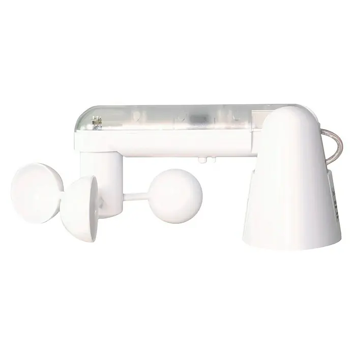 SmartSun Sensor solar y de viento - L x An x Al: 24,4 x 11 x 3 cm, Específico para: Toldos Smartsun - La imagen muestra una estación meteorológica que mide la velocidad y la dirección del viento. El dispositivo es blanco y consta de varios sensores.