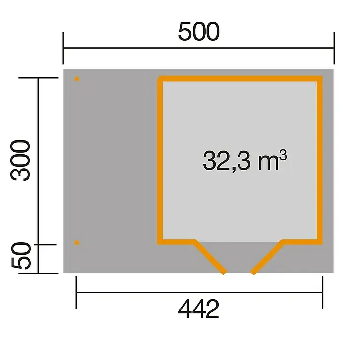 Weka Gartenhaus Designhaus 126 A+ - Außenmaß inkl. Dachüberstand (B x T): 500 x 377 cm, Holz, Natur, 13,304 m² - Detaillierte Schemazeichnung eines Gerätehauses mit Maßangaben, die die Abmessungen und das Volumen des Innenraums zeigen.
