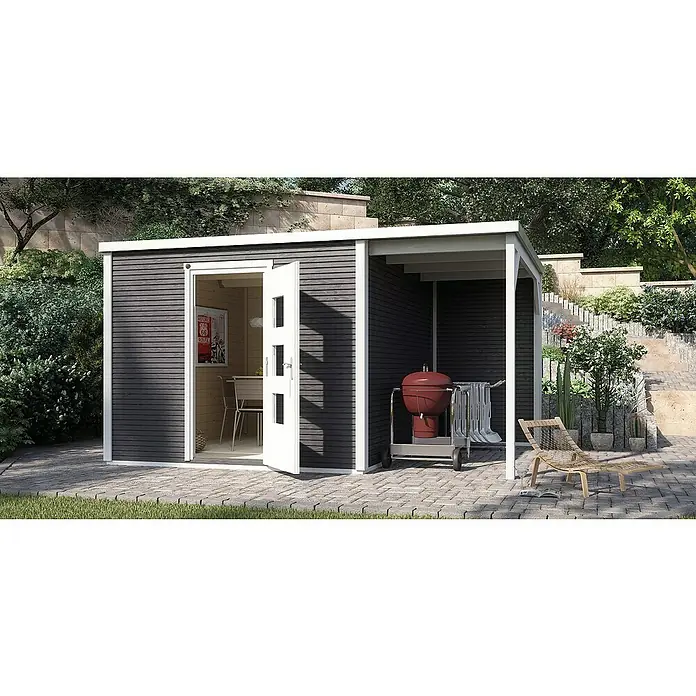 Weka wekaLine Gartenhaus Designhaus 413 + Anbau 150 cm - Außenmaß inkl. Dachüberstand (B x T): 460 x 310 cm, Holz, Anthrazit/Weiß - Moderne Gartenlaube mit Grillplatz und gemütlicher Sitzecke. Das Gartenhaus bietet einen stilvollen Rückzugsort im Grünen mit offenem Design.