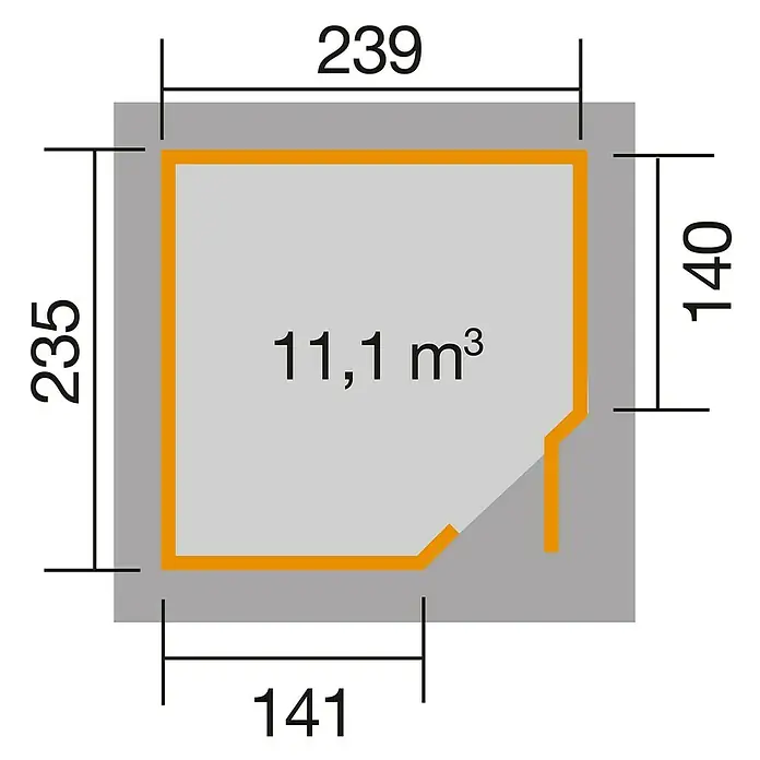 Weka Gartenhaus 229 - Außenmaß inkl. Dachüberstand (B x T): 270 x 270 cm, Holz, Anthrazit/Weiß - Grundriss eines Gartenhauses mit den Maßen 239x235 cm, einer Wandstärke von 140 cm und einem Volumen von 11,1 m³.