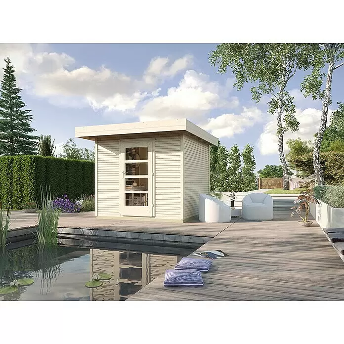 Weka wekaLine Gartenhaus Designhaus 172 - Außenmaß inkl. Dachüberstand (B x T): 249 x 284 cm, Holz, Natur, 4,325 m² - Modernes Gartenhaus aus hellem Holz mit Flachdach, auf einer Terrasse an einem Teich in einem grünen Garten.